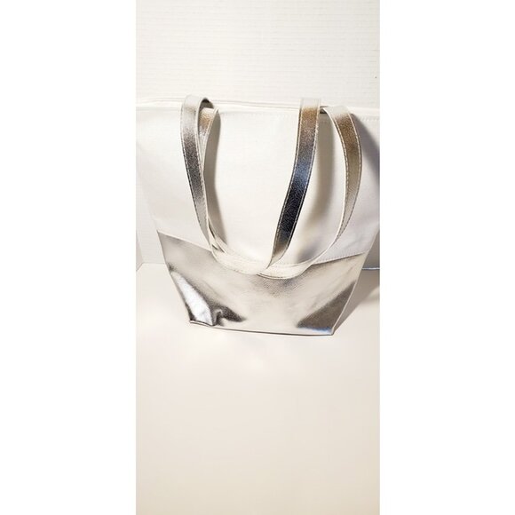 Canvas Tote Well crafted With Shiny Silver Two Tone Border Summer Bag Off white - Picture 1 of 1